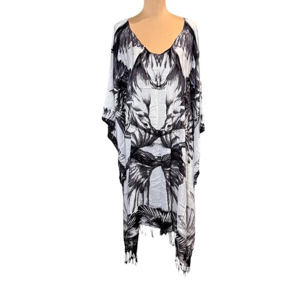 Theodora & Callum Caftan Dress One Size Beach Cover-Up Bird Printed Fringe Boho - Picture 2 of 10